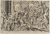 Saint Roch at right distributing alms to a group of people gathered around him, after Annibale Caracci, Anonymous, Engraving
