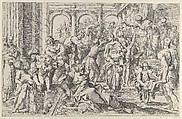 Saint Roch at right distributing alms to a group of people gathered around him, after Annibale Caracci, Anonymous, Etching