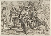 The Samaritan woman standing at the well, Christ seated next to her pointing to the right, after Annibale Caracci, Anonymous, Etching