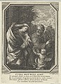 The Flight into Egypt; the holy family walking with the young John the Baptist, trees behind them, in an octagonal frame, after Reni, Claude Augustin Duflos le Jeune  French, Engraving