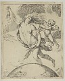 Fortune flying above the globe, partly naked, emptying a purse in her raised right hand and holding a staff in her left, a winged putto pulling her forelock, after Reni, Girolamo Scarsello Italian, Etching