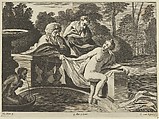 Susanna, partly naked and stepping out of a fountain with two elders at left, one of them pulling at her garment, after Reni, Theodor van Kessel  Dutch, Etching