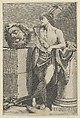 David standing with crossed legs and holding the head of Goliath on a pedestal at left, a sword on the ground, after Reni, Giacomo Piccini  Italian, Engraving
