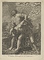 Hercules wearing a lion skin and fighting Achelous, a landscape in the background, after Reni, Robert Hecquet French, Engraving