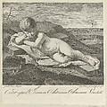 The Christ Child sleeping on a cross in a landscape, crown of thorns in the foreground, after Reni, Gaetano Gandolfi  Italian, Engraving
