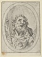 Saint James Major, looking upwards and holding a staff, from "Christ, the Virgin, and Thirteen Apostles", Anonymous, 17th century, Etching; framing lines in pen and brown ink