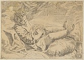 A child sleeping on a cushion, holding a piece of fruit (?), a curtain behind him, after Reni (?), Anonymous, 17th century, Engraving