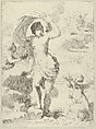 Venus stepping out of the sea, holding a billowing drapery in her left hand, Cupid at right offering pearls while riding a dolphin and a putto at left offering flowers, another in the clouds, Anonymous, Etching