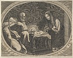 The Virgin kneeling in prayer before the infant Christ who is lying on a wooden box, Saint Joseph at left, a mule at right, in an oval frame, after Reni, Anonymous, Engraving