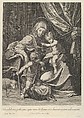 The Virgin seated with the infant Christ on her lap, the young Saint John the Baptist kneeling on Christ's cradle and kissing his foot, a lamb at left, after Reni, Anonymous, 17th century, Engraving