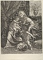 The Virgin seated with the infant Christ on her lap, the young Saint John the Baptist kneeling on Christ's cradle and kissing his foot, a lamb at right, after Reni, Jean Boulanger  French, Engraving