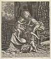 The Virgin seated with the infant Christ on her lap, the young Saint John the Baptist kneeling on Christ's cradle and caressing his foot, a lamb at right, after Reni, Guillaume Vallet  French, Engraving