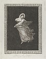 A bacchante wearing a flowing drapery, looking down, right arm bent and left arm outstretched, set against a black background inside a rectangular frame, Antonio Ricciani  Italian, Engraving