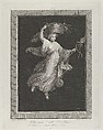 A bacchante carrying a large basket on her head and holding a staff in her left hand, set against a black background inside a rectangular frame, Antonio Ricciani  Italian, Engraving