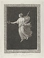 A bacchante holding a sword in her left arm and a branch with fruit in her right hand, set against a black background inside a rectangular frame, Antonio Ricciani  Italian, Engraving