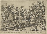 Childhood (Dawn), from "The Four Ages of Man and Death with the Last Judgment", Hieronymus (Jerome) Wierix  Netherlandish, Engraving; state before Hollstein's first state of seven (before astrological symbols added to the flag on left and before any publisher's address)
