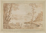 A River Landscape with the Baptism of the Eunuch, Hendrick Hondius I  Netherlandish, Pen and brown ink, brown and blue wash