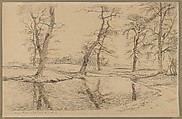 A Brook near a Farm in Usserød with Cows and Two Figures, Johan Thomas Lundbye Danish, Pen and black and brown ink