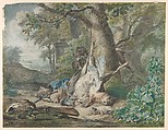 Hunting Still Life in a Forest, Wybrand Hendriks  Dutch, Watercolor; framing line in pen and brown ink