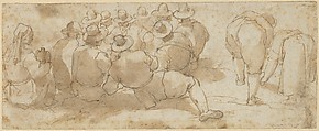 Group of Laborers in a Field (recto); Angel Appearing to a Kneeling Saint (verso), Giovanni Battista Maganza the Elder (Italian, Este ca. 1513/23–1586 Vicenza), Pen and brown ink, brush and pale brown wash, over black-chalk (recto and verso)