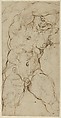 Seated Nude Male Figure (recto); Ornamental Designs of Foliage, a Grotesque Head, and a Leg (verso), Agostino Carracci (Italian, Bologna 1557–1602 Parma), Pen and brown ink, over black chalk underdrawing
