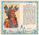 Card No. 15, Rushing Bear, from the Indian Chiefs series (T129) issued by Red Man Chewing Tobacco, Red Man Chewing Tobacco American, Commercial color lithograph