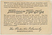 Card verso, First Words of Love, from the Panel Picture Miniatures series (T130), issued by the Pinkerton Tobacco Co. to promote Buckshoe and Tiger Stripe tobacco brands, Pinkerton Tobacco Company, Commercial color lithograph