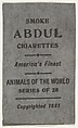 Facsimile of card verso from the Animals of the World series (T180), issued by Abdul Cigarettes, Abdul Cigarettes  American, Commercial color lithograph