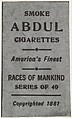 Facsimile of card verso from the Races of Mankind series (T181) issued by Abdul Cigarettes, Abdul Cigarettes American, Commercial color lithograph