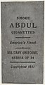 Facsimile of card verso from the Military Uniforms series (T182) issued by Abdul Cigarettes, Abdul Cigarettes American, Commercial color lithograph