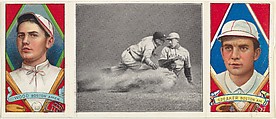 "Close at Third," with J. Wood and J. Speaker, from the series Hassan Triple Folders (T202), Hassan Cigarettes American, Commercial lithographs with half-tone photograph