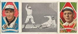 "Schaefer on First," with George F. McBride and Clyde Milan, from the series Hassan Triple Folders (T202), Hassan Cigarettes American, Commercial lithographs with half-tone photograph
