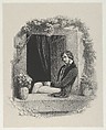 Melancholy, young man with folded hands sitting on window sill, Marie-Alexandre Alophe  French, Lithograph