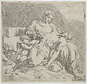 Pietà, the dead Christ supported by the Virgin, putti at the left, Joost de Pape  Flemish, Etching