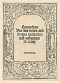 Title-Border with a Hermit and a Nun, Vase of Fruit, a Mask and Cornucopias, Hans Cranach  German, Woodcut