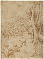 Two Seated Figures in a Landscape with Mountains and a Town (recto); Sketch of a Landscape with Mountains and Buildings (verso), Anonymous, Italian, Venetian, 16th century, Pen and brown ink (recto); red chalk (verso)