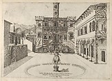 View of the Capitoline Hill during Michelangelo's restoration, the equestrian monument of Marcus Aurelius in the center, from "Speculum Romanae Magnificentiae", Anonymous, Etching and engraving
