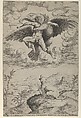 The Rape of Ganymede by Jupiter in the guise of an eagle carrying him into the heavens, his dog barking below
, Nicolas Beatrizet  French, Engraving