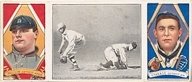 "A Wide Throw Saves Crawford," with George J. Mullin and Oscar Stanage, from the series Hassan Triple Folders (T202), Hassan Cigarettes  American, Commercial lithographs with half-tone photograph