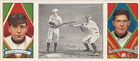 "Ambrose McConnell at Bat," with Walter Blair and John Quinn, from the series Hassan Triple Folders (T202), Hassan Cigarettes American, Commercial lithographs with half-tone photograph