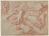 Study of Hands (recto); Study for a Reclining St. Francis (verso), Daniele Crespi (Italian, Busto Arsizio 1597/1600–1630 Milan), Red and white chalk on blue paper (recto); red chalk on blue paper (verso)