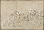 The Death of Socrates, Jacques Louis David  French, Pen and black ink, over black chalk, touches of pen and brown ink; squared in black chalk