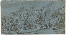 The Battle of Diomedes and Aeneas (from the Story of Achilles), Jan van Orley  Flemish, Pen and brown ink, brush and gray ink, heightened with white chalk, on blue paper; framing line in pen and brown ink, by the artist