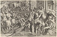 The Trojans hauling the wooden horse into Troy, Giulio Bonasone  Italian, Engraving; first state of three