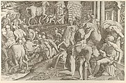 The Trojans hauling the wooden horse into Troy, Giulio Bonasone Italian, Engraving; third state of three
