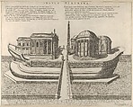 View of the Tiber Island represented as a ship, the Temple of Aesculapius at left, Giovanni Ambrogio Brambilla Italian, Engraving and etching