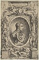 Portrait of Giovanni de' Medici facing right within an elaborate cartouche flanked by Victory at the left and Mars at right, winged figures holding Medici coat of arms top center, Enea Vico  Italian, Engraving