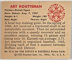 Issued by Bowman Gum Company, Art Houtteman, Pitcher, Detroit Tigers, from  Picture Cards, series 5 (R406-5) issued by Bowman Gum