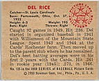 Issued by Bowman Gum Company | Del Rice, Catcher, St. Louis Cardinals ...