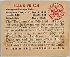 Frank Frisch, Manager, Chicago Cubs, from the Picture Card Collectors Series (R406-4) issued by Bowman Gum, Issued by Bowman Gum Company, Commercial color lithograph